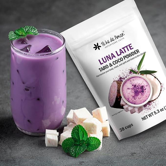 LUNA LATTE TEA TARO &amp COCO / TE HE DE AMAR. NET WT 5.3 oz (150g) 38 cups. Taro Coconut Purple Sweet Potato Cinnamon Vanilla. 100% natural pure powdered does not contain dairy bases does no
