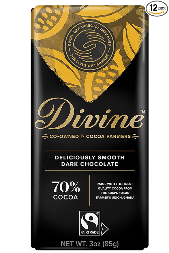 Divine Chocolate Bars - 70% Dark Chocolate - Made with Fairtrade Cocoa Natural Ingredients No Artificial Flavors | 3oz. Bars (12 Pack)