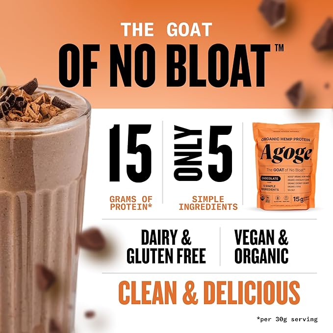 Agoge - USDA Organic Hemp Protein Powder The Goat of No Bloat NSF Certified for Sport All Flavor Essential Amino Acids Plant-Based Gluten Free for Women &amp Men (20 Servings) (Chocolate)