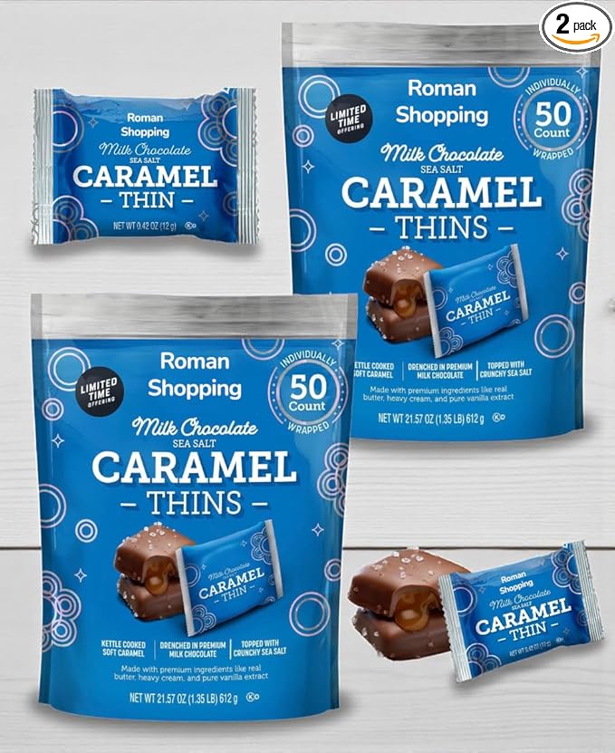 Member Mark Milk Chocolate Sea Salt Caramel Thins – 2 x 50 Count Bags (100 Pieces Total) Quality Creamy Milk Chocolate Smooth Caramel Center Light Sea Salt Finish Balanced Sweet–Savory Treat