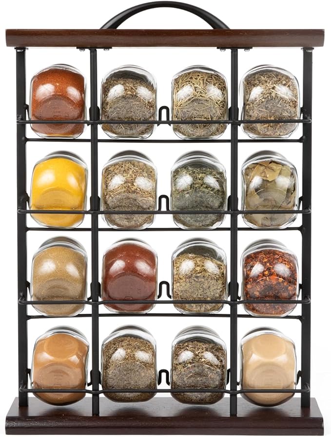 Orii 16 Jar Acacia Wood Vertical Spice Rack with Spices Included &amp 5-Year Spice Refill Program – Space-Saving Countertop Spice Rack with Glass Jars