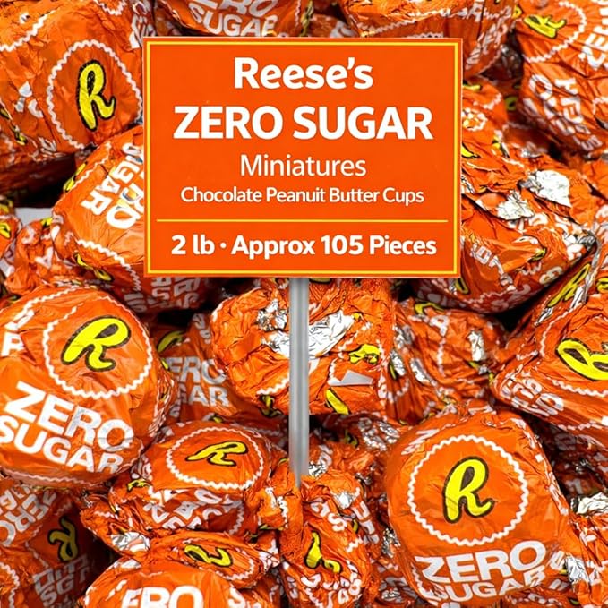 Zero Sugar Miniatures Chocolate Peanut Butter Cups - 2 lb Approx 105 Pieces Individually Wrapped Milk Chocolate Peanut Butter Candy - Sugar Free Chocolate Treats Holiday Favors &amp Party Desserts