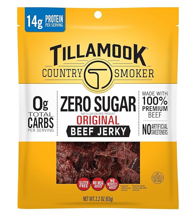 Tillamook Country Smoker Original Beef Jerky Zero Sugar 14g Protein per Serving Gluten Free 2.2 Ounce (Pack of 12)