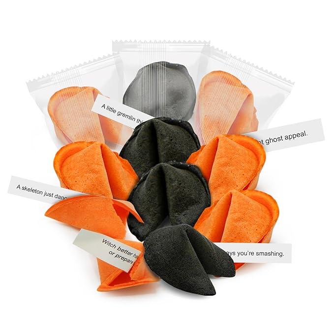 4E's Novelty Halloween Fortune Cookies Bulk - 50 Individually Wrapped with 50 Funny &amp Scary Fortune Cookies Sayings for Kids &amp Adults Trick-or-Treat Perfect for Halloween Party