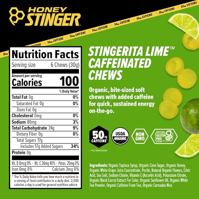 Honey Stinger Stingerita Lime Caffeinated Energy Chew Gluten Free with Caffeine for Exercise Running and Performance Sports Nutrition for Home &amp Gym Pre and Mid Workout 21.6 Ounces (Pack of