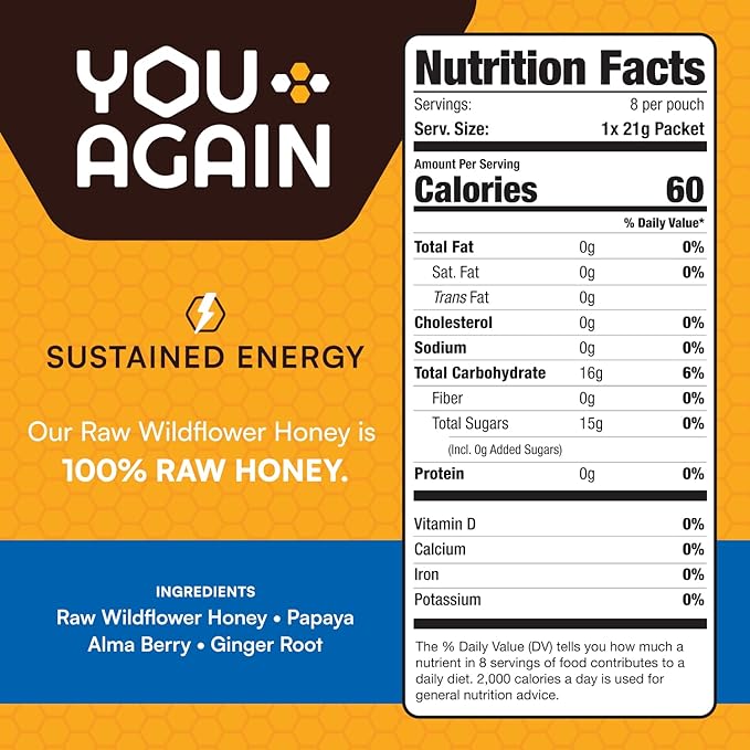 You Again Super Honey Wild Ginger Packets | Workout Clean Energy Gel Packs | Cycling Endurance Running Gel or Energy Snack | Paleo &amp Carnivore Snack | Gluten-Free | Made in USA | 8 Pack
