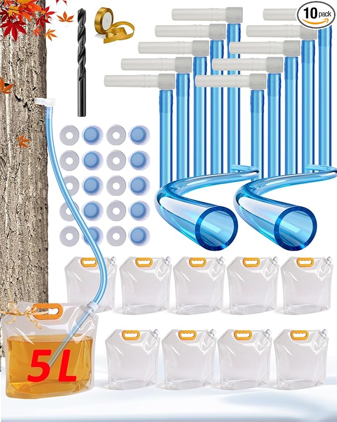 WANTELFOR Maple Syrup Tapping Kit - 10 Sets with Taps 3ft Tubing 5L Big Capacity Collection Bags and appropriate drill bit for DIY Birch Tree Sap Collection Ideal for Beginners &amp Experts (Large