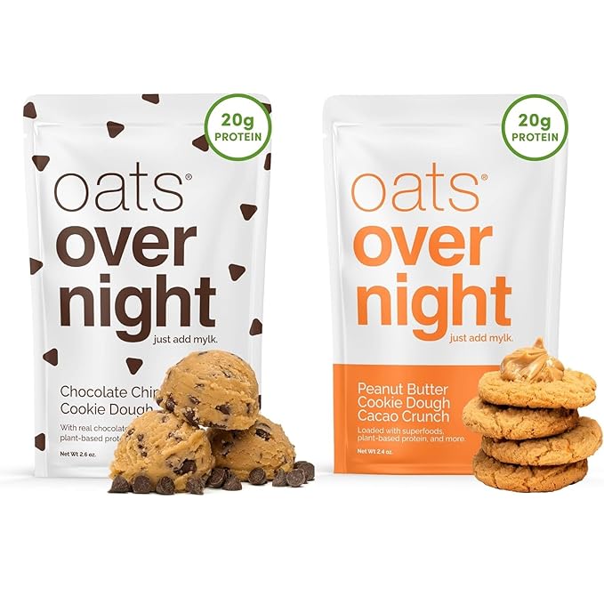 Oats Overnight Chocolate Chip Cookie Dough 8 Pack &amp Peanut Butter Cookie Dough Cacao Crunch 8 Pack - Vegan 20g Protein High Fiber Breakfast Shake - Gluten Free Non GMO Oatmeal