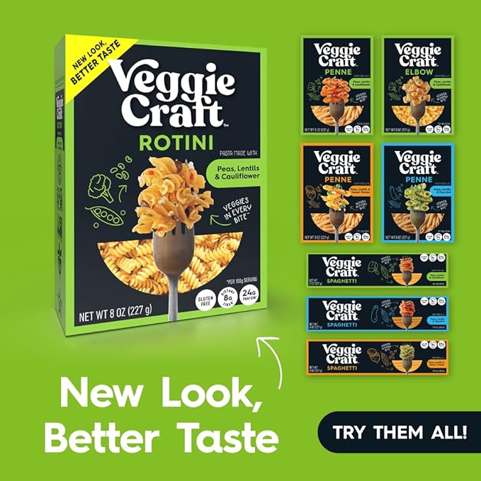 Veggiecraft Farms Rotini Pasta - NEW IMPROVED RECIPE - Protein Pasta Lentil Pasta w/Cauliflower &amp Peas High Protein Noodles Low-Carb Non-GMO Vegan Gluten Free - 8 oz (8 Ounce (Pack of 3)