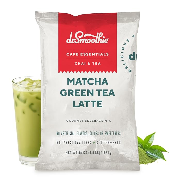 Dr. Smoothie Café Essentials Matcha Green Tea Latte – No Artificial Colors Flavors or Sweeteners – Shelf Stable – 51mg of Caffeine – Great for Hot Iced &amp Frozen Frappes (3.5 lb Bag 30 Serving