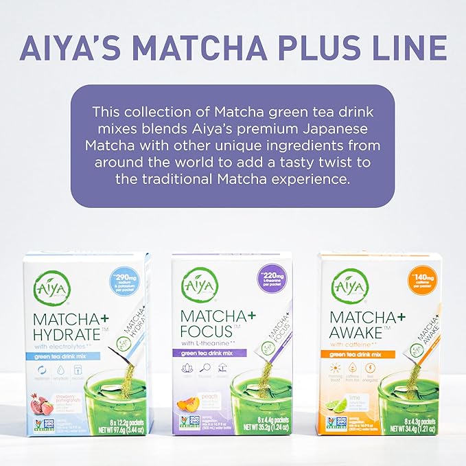 Aiya Matcha+ Focus™ - Peach Flavored Matcha Drink Mix with L-Theanine - 220mg L-Theanine - Natural Focus Booster - Premium Japanese Matcha Green Tea Powder - 8 Sticks