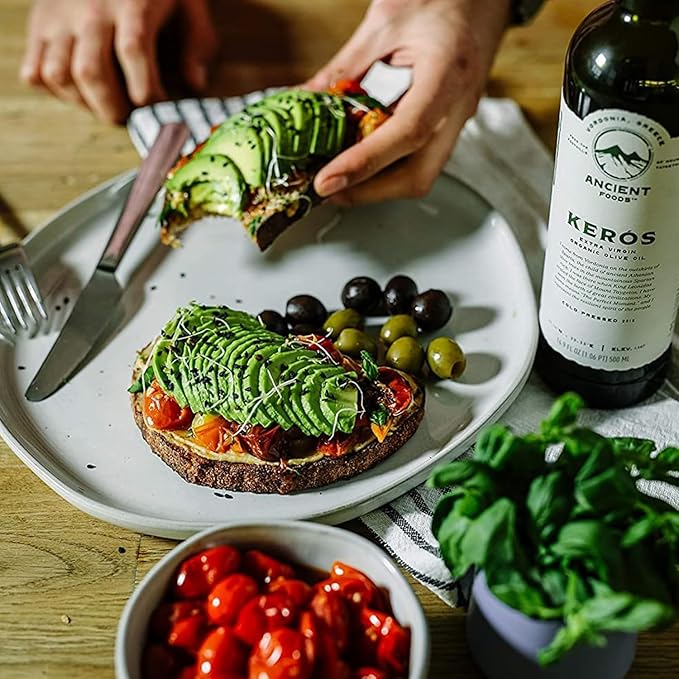 Ancient Foods Keros Organic Extra Virgin Olive Oil Cold Pressed – Greek EVOO High Polyphenol Olive Oil from 1000 Year Old Trees from Greece – Ideal for Cooking Salads &amp Gourmet Dishes – 500ml Bo