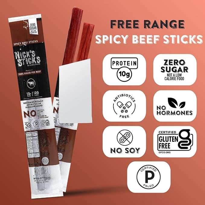 Nick's Sticks Clean &amp Balanced 100% Grass-Fed Spicy Beef Snack Sticks | Made in the USA | Gluten Free | Paleo Keto Whole30 Approved | No Soy Antibiotics or Hormones (25 – 1.7oz. Packs of 2 Stic