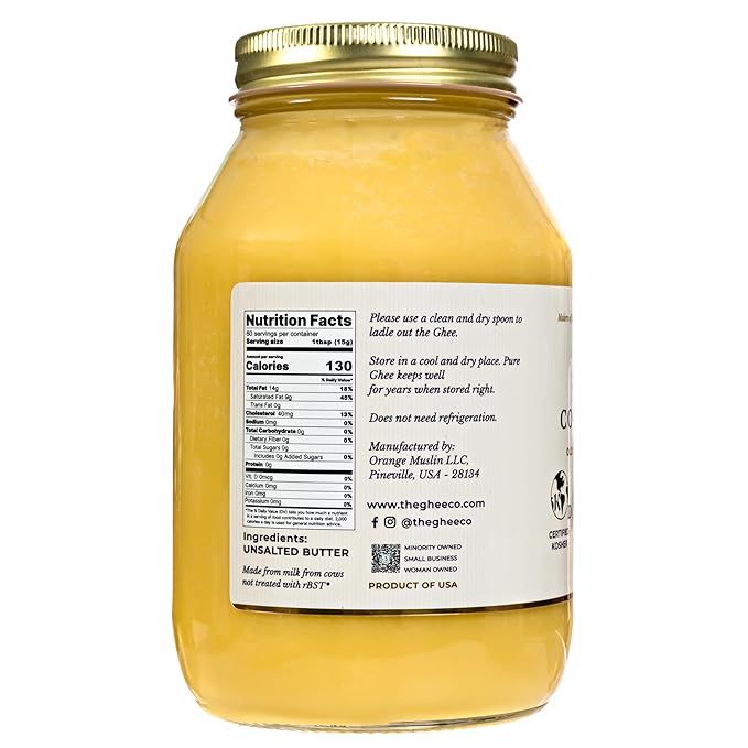 The Ghee Co. - 32 Fl Oz Glass JarCrafted homestyle with Real Butter Grass Fed Certified Non-GMOs Certified Kosher &amp Halal  Paleo &amp Keto-friendly  Lactose &amp Casein Free Naturally l