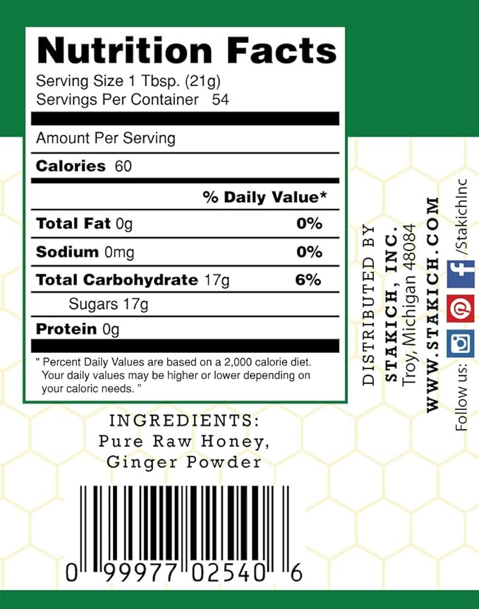 Stakich Ginger Enriched Raw Honey - Pure Unprocessed (40 Ounce)