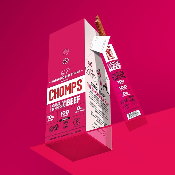 Chomps Grass-Fed and Finished Spicy Habanero Beef Jerky Snack Sticks 24-Pack - Keto Paleo Whole30 10g Lean Meat Protein Gluten-Free Zero Sugar Food Non-GMO