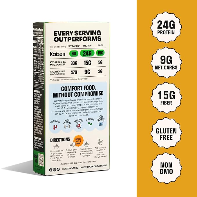 Kaizen Pasta Mac &amp Cheese Variety Pack - High Protein (24g) Low Carb Keto- Friendly Gluten-Free Non-GMO - 6.4 Ounces (Pack of 4) Classic &amp White Cheddar