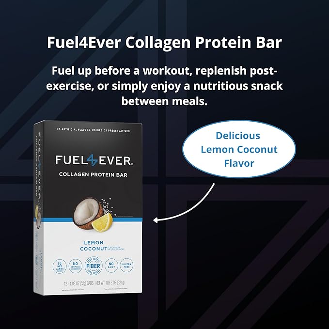 Fuel 4 Ever Collagen Protein Bars | 15G Protein Gluten Free Dairy Free No Stevia or Artificial Ingredients Added Sweetened with Honey | Lemon Coconut Flavor (Box of 12)