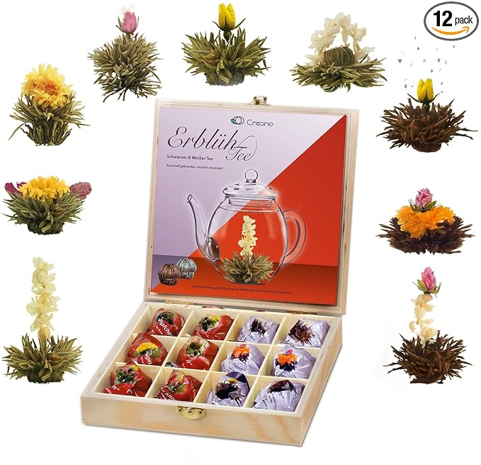 Creano Flowering Tea Abloom Tea - Blooming Tea Gift Set in Stylish Wooden Tea Box - 12 Pieces Mix of White &amp Black Tea a gift for christmas