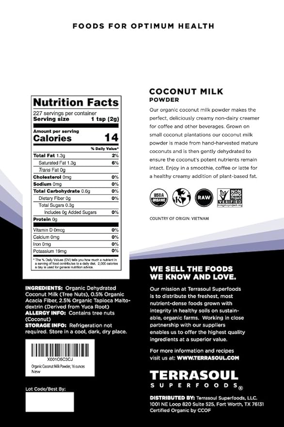 Terrasoul Superfoods Organic Coconut Milk Powder 2 Lbs (2 Pack) - Plant-Based Creamer | Keto Friendly