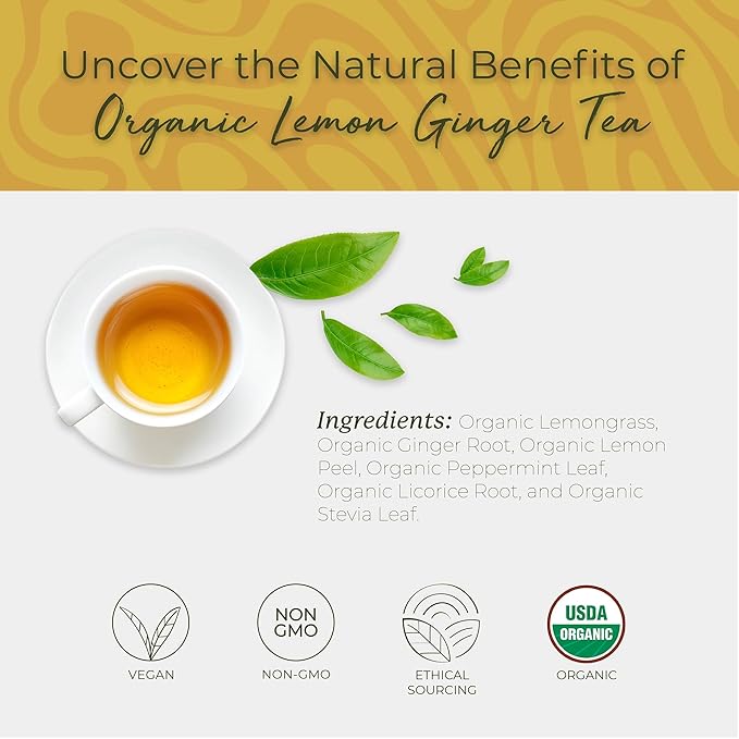 Starwest Botanicals Organic Lemon Ginger Tea - Caffeine Free Herbal Blend for Women &amp Men Lemongrass Ginger Root &amp Peppermint Leaf String Free Sachets Non GMO - Bulk Pack 100 Tea Bags