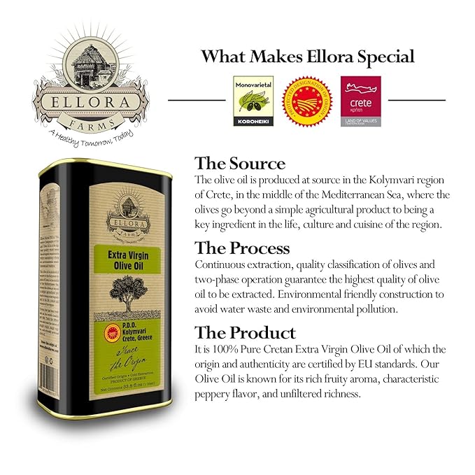 Ellora Farms Greek Extra Virgin Olive oil Certified Single Estate PDO Traceable olive oil Harvested in Crete Kosher ek 1 Lt. X 3 Tins total 101.4 FL oz.