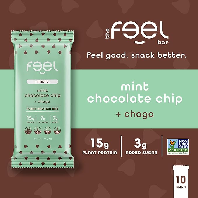 Feel Vegan Protein Bars Mint Chocolate Chip Keto Gluten Free Organic Chaga Mushroom 15g Plant Protein Low Carb High Protein Dairy Free Low Sugar Grain Free Nut Free Soy Free