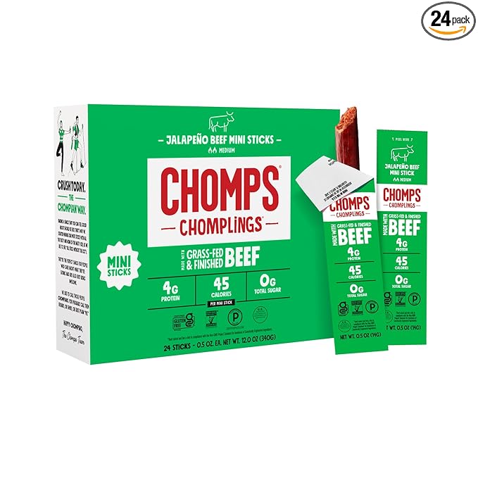 Chomps Snack Size Grass-Fed and Finished Jalapeño Beef Jerky Snack Sticks 0.5oz 24-Pack - Keto Paleo Whole30 4g Lean Meat Protein Gluten-Free Zero Sugar Food Non-GMO Chomplings