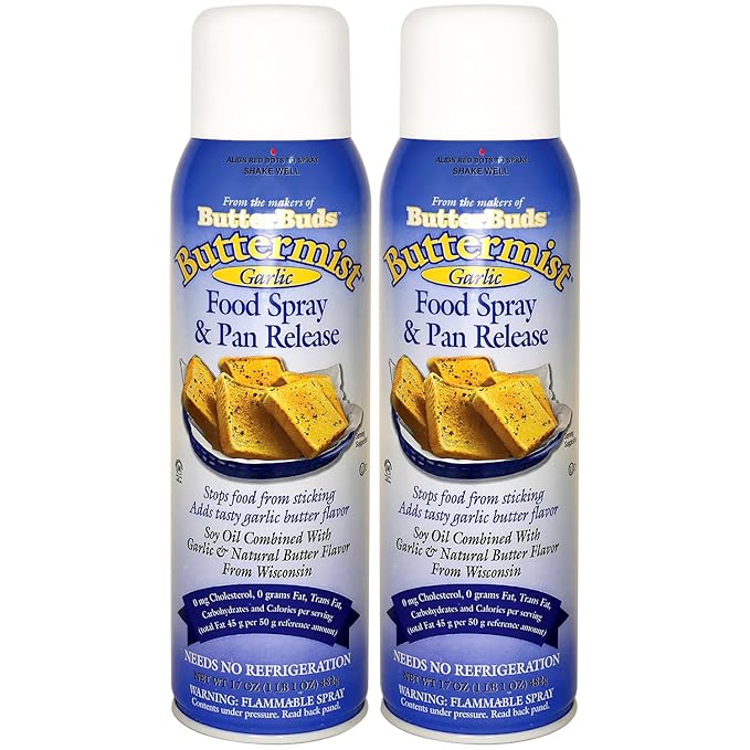 Butter Buds Buttermist Garlic 2-Pack – Food Spray &amp Pan Release High-Smoke Point Cooking Oil Spray Made Natural Butter and Garlic Flavors 17 Oz Ea