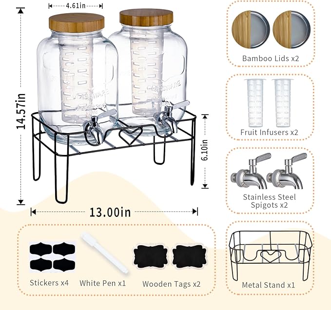 2 Pack1Gallon Glass Drink Dispenser with Stand&ampBamboo Lids&ampFruit Infuser304 Stainless Steel Leak-Proof SpigotBeverage Dispenser for PartiesWater Sangria Juice Sun Tea Lemonade(Natural)