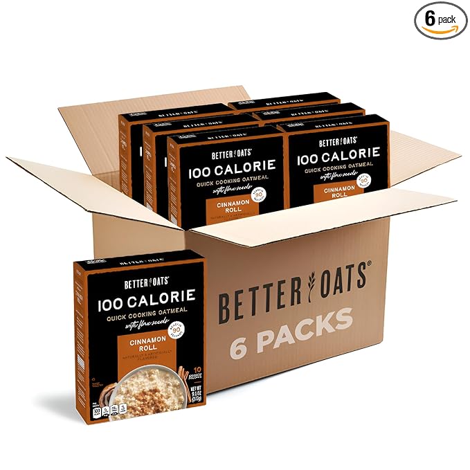 Better Oats 100 Calorie Cinnamon Roll Oatmeal Packets Flax Seeds and Whole Grains Instant Breakfast Cooks in 90 Seconds Box of 10 Pouches (Pack of 6)