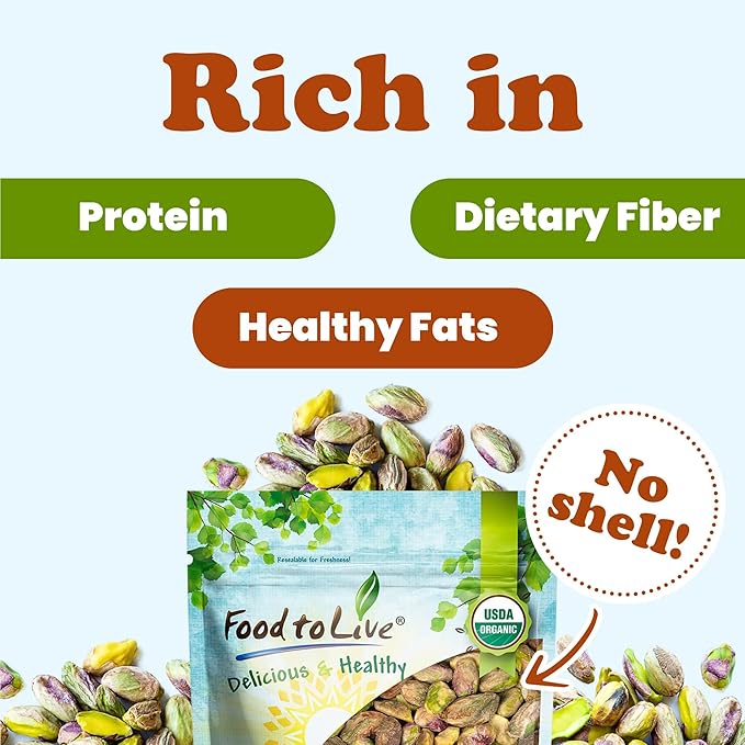 Food to Live - Organic Raw Pistachios No Shell 16 Pounds - Non-GMO Unsalted and Unroasted Kernels. Perfect for Snacking and Cooking