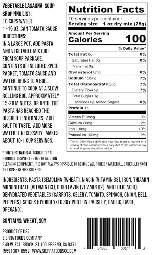 Sierra Soups Vegetable Lasagna Soup 10 ounce bag (Set of 6)