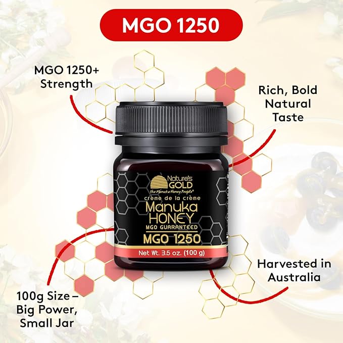 Nature’s Gold Raw Manuka Honey Certified High MGO | Authentic MGO 100% Pure Genuine Traceable Hive to Home | MGO 1250+ Flavor | 3.5 Ounce (Pack of 1) Size