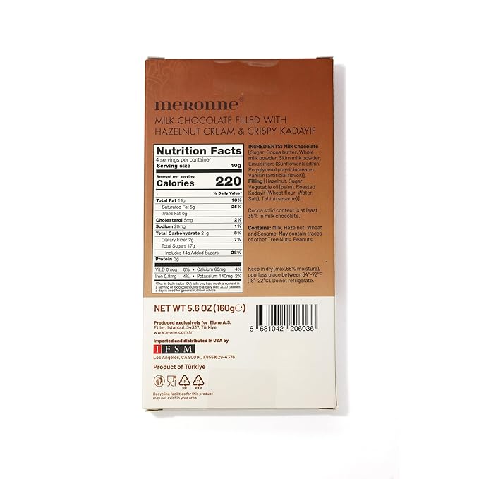 Meronne® Dubai Chocolate Bar 5.64oz - Milk Chocolate with Hazelnut Cream &amp Crispy Kadayif