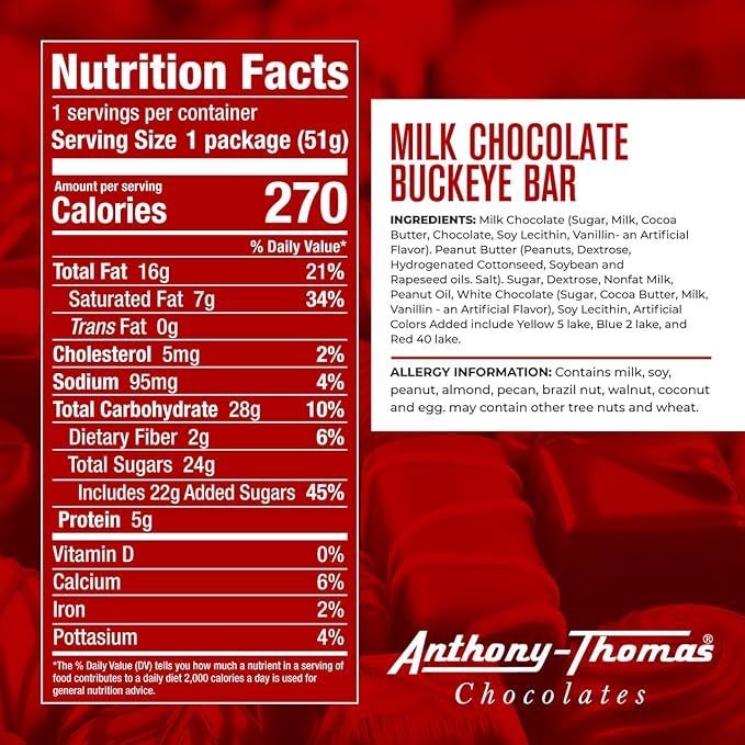 Anthony-Thomas Buckeye Bars Peanut Butter &amp Milk Chocolate Buckeyes in Ohio State Buckeyes Box 72 Deliciously Delightful Snacks (24 Count 3 Packs)