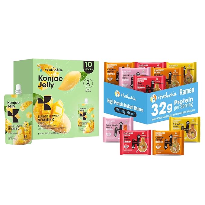 Hethstia High-Protein Ramen Variety Pack 6-Pack and Konjac Jelly-Mango Flavor Drinkable Snack 10-Pack Squeeze Pouches