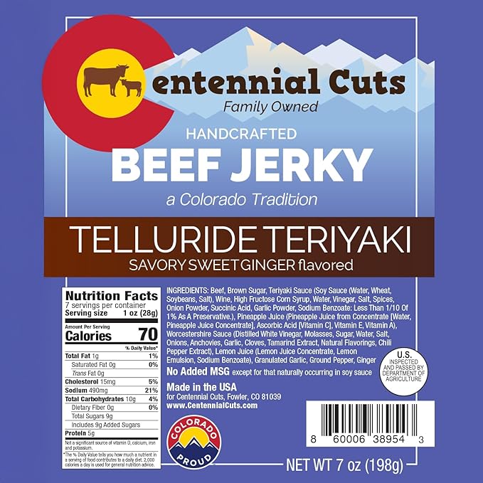 Centennial Cuts Beef Jerky – Telluride Teriyaki – High Protein Classic Sweet &amp Savory – 7 oz