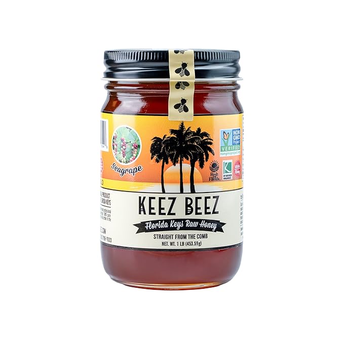 KEEZ BEEZ 100% Natural Raw Gold Honey – Seagrape 16 fl oz (1 lb) in Glass Jar – Organic Non-GMO Kosher Certified Subtle Sweetness with a Hint of Spice Ideal for Everyday Use