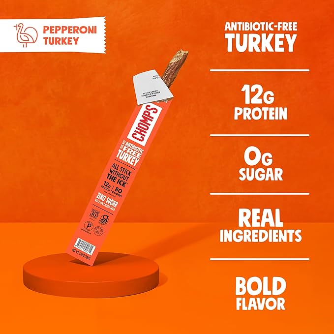 Chomps Pepperoni Turkey Jerky Meat Snack Sticks 10-Pack - Keto Paleo Low Carb Whole30 Approved 12g Lean Meat Protein Gluten Free Antibiotic Free Zero Sugar Food
