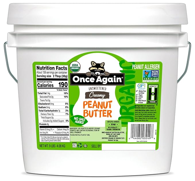 Once Again Organic Creamy Peanut Butter 9 Pound Bucket - No Sugar Added Single Ingredient Unsalted Natural Peanut Butter Bulk No Palm Oil - Non-GMO Gluten Free - Smooth and Unsweetened