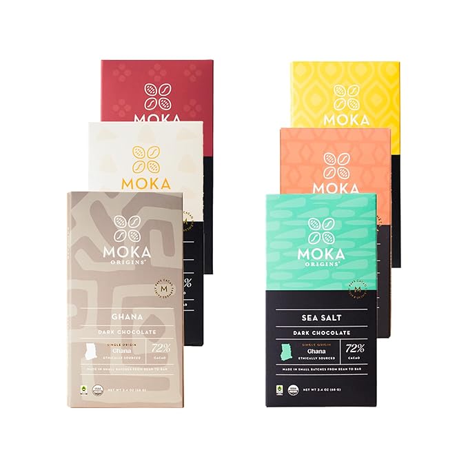 Moka Origins Organic Chocolate Bar Pack – Bean-to-Bar Direct &amp Fair Trade Small-Batch Ethically Sourced Gourmet Artisan Craft Chocolate (6-Pack Variety)