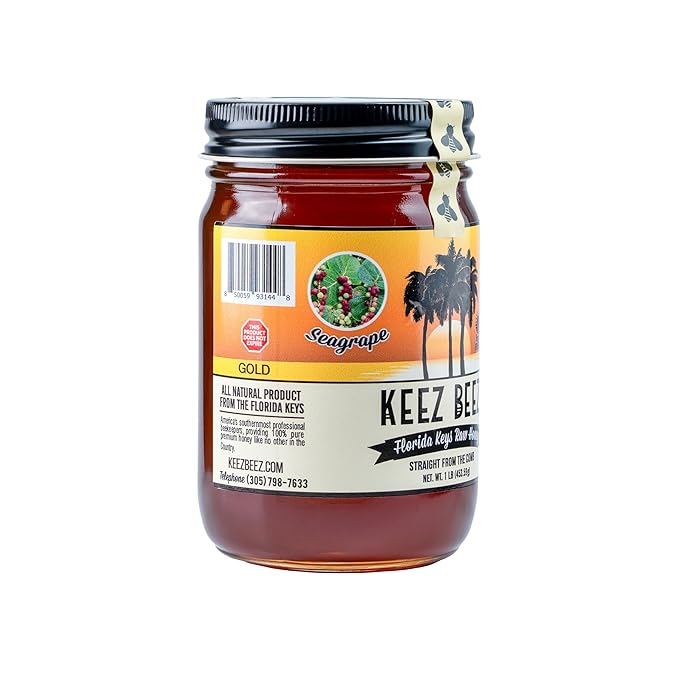 KEEZ BEEZ 100% Natural Raw Gold Honey – Seagrape 16 fl oz (1 lb) in Glass Jar – Organic Non-GMO Kosher Certified Subtle Sweetness with a Hint of Spice Ideal for Everyday Use