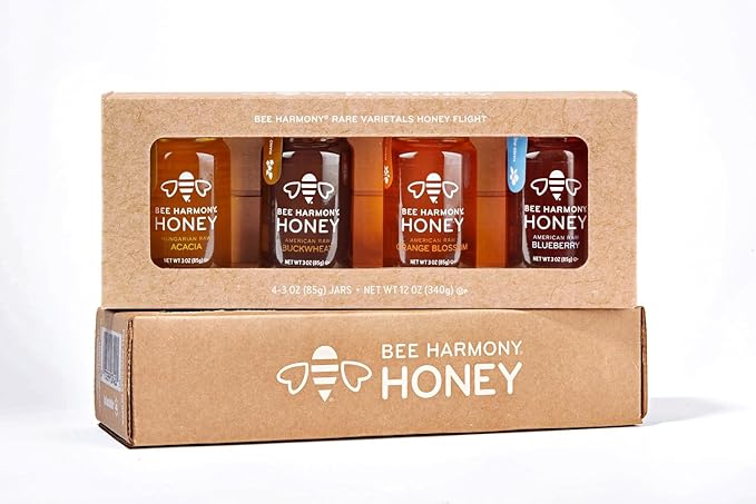 Bee Harmony Rare Varietals Honey Flight Mini Honey Gift Set 4 Jars 3 OZ Each Premium Raw (Acacia Buckwheat Blueberry Blossom Orange Blossom)