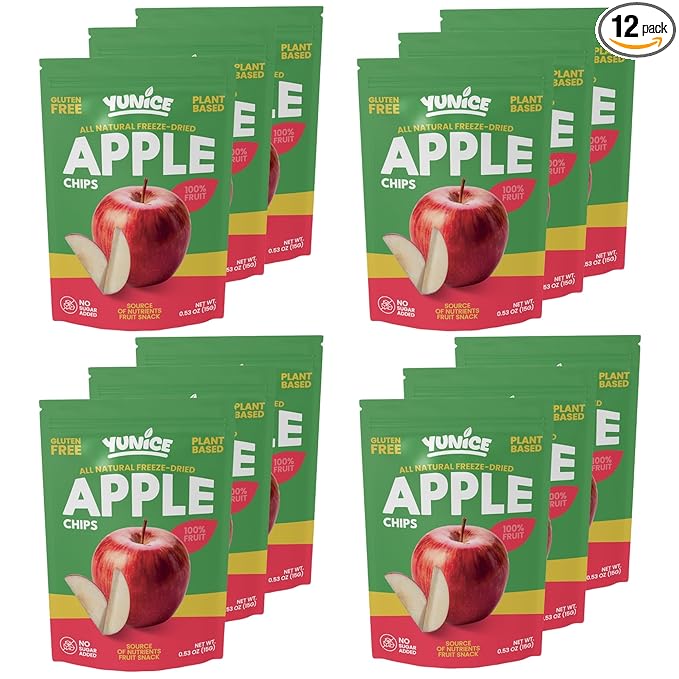 YUNiCE Freeze-Dried Fruit Snacks freeze dried apples dried apple chips All Natural 100% Apple No Sugar Added Gluten Free Plant Based Crispy Healthy Snack Pouches APPLE 0.53 Ounce (Pack of 12)