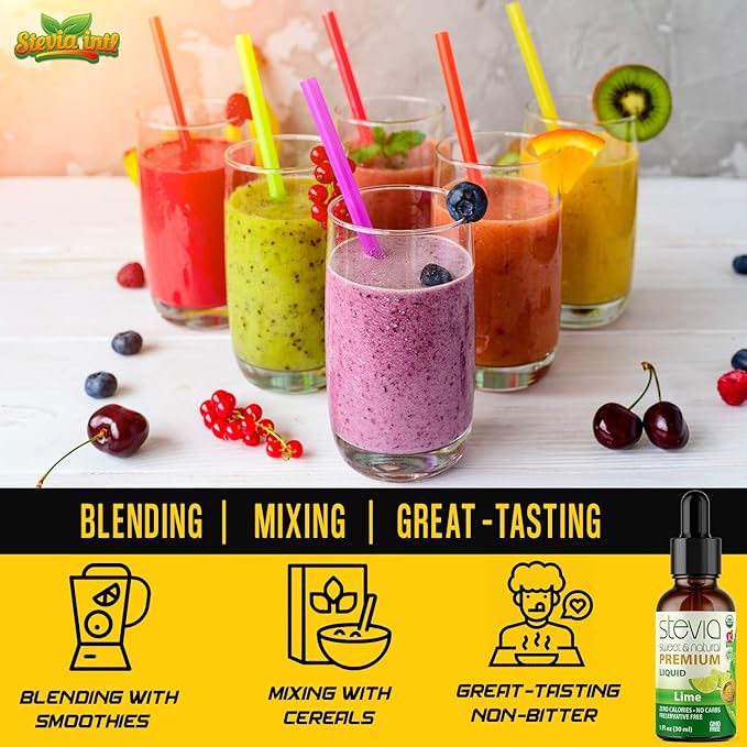 Lime Premium Quality Stevia Drops. Organic Liquid Stevia Sugar Substitute Naturally Sweet Non-Bitter 0 Calorie 0 Carb NON-GMO Diabetic &amp Keto Friendly (1oz) Glass Bottles (Pack of 3)