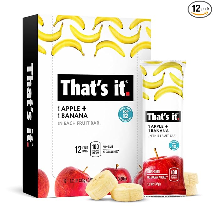 That's it Apple + Banana 100% Natural Real Fruit Bar Best High Fiber Vegan Gluten Free Healthy Snack Paleo for Children &amp Adults Non GMO Sugar-Free No Preservatives Energy Food (12 Pack)