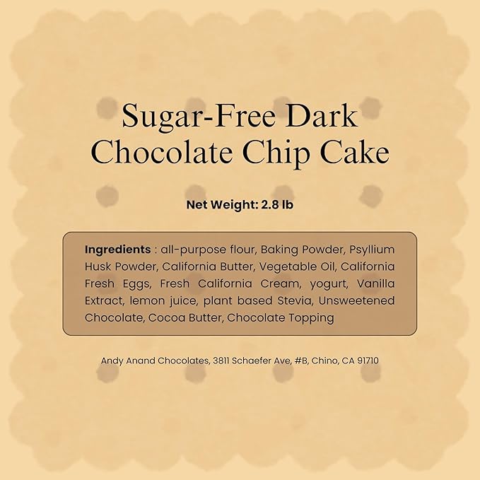 ANDY ANAND CHOCOLATIER Sugar Free Dark Chocolate Chip Cake 2.8 lbs - Gourmet Freshly Made No Preservatives Diabetic-Friendly Dessert Perfectly Boxed for Gift