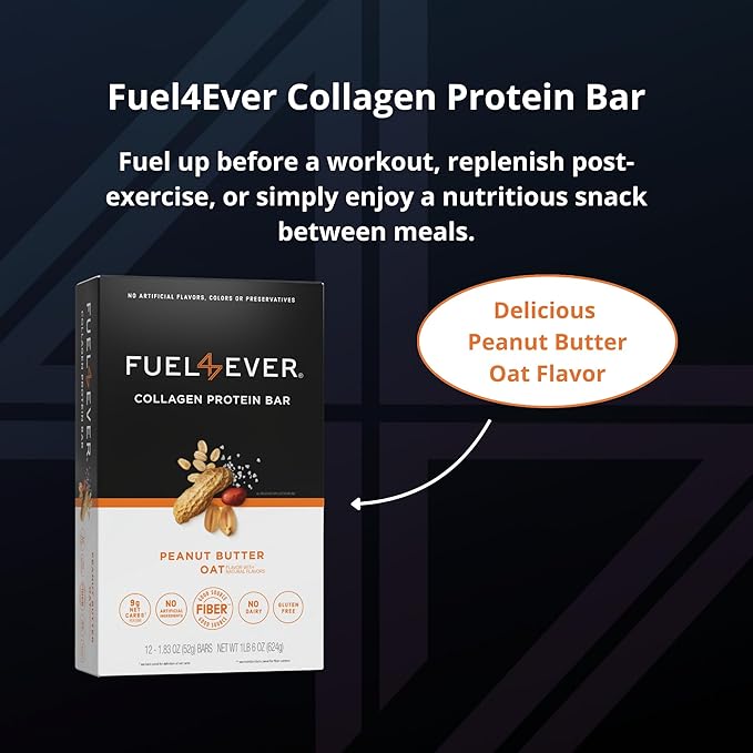Fuel 4 Ever Collagen Protein Bars | 14G Protein Gluten Free Dairy Free No Stevia or Artificial Ingredients Added Sweetened with Honey | Peanut Butter Oat Flavor (Box of 12)