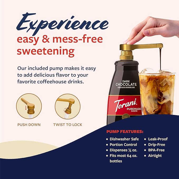 Torani Puremade Dark Chocolate Sauce for Coffeehouse Drinks and Desserts Non-GMO Large 4lb Bottle Pump Included 64 Fl Oz